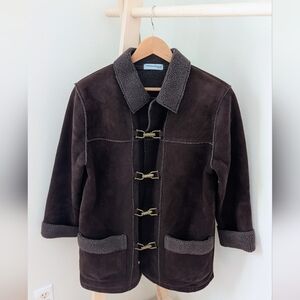 Vintage Brown Suede Shearling-Trim Trench Coat